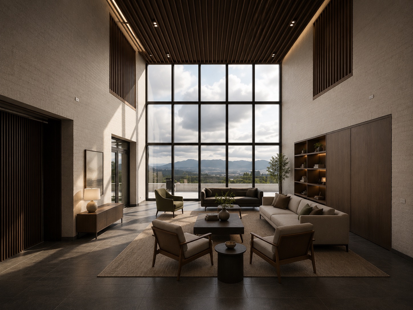 Sala de doble altura con ventanal completo hacia el valle y mobiliario sobrio