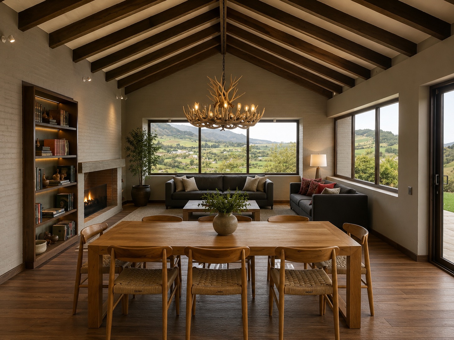 Comedor de madera clara bajo cerchas a la vista, con vista a las montañas