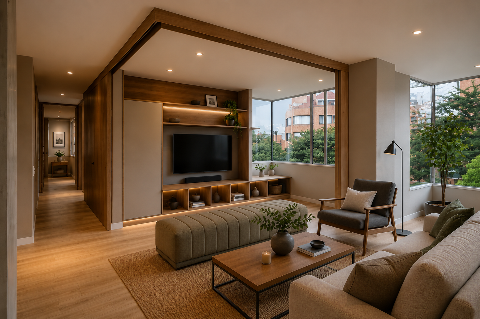 Sala de apartamento con carpintería de madera, luz cálida y vegetación en la ventana