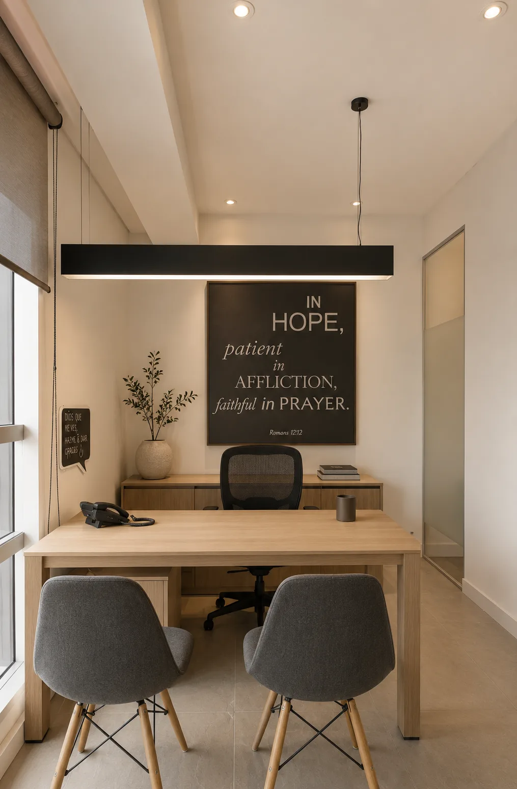 Puesto fijo de trabajo en BOG12 con escritorio de madera clara y silla para atención al cliente — oficinas inmobiliarias en Bogotá.