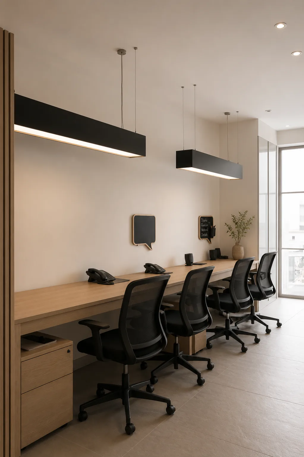 Barra continua de madera para agentes móviles en BOG12: cuatro puestos compartidos bajo luminarias lineales — LINEA PRIMA, arquitectos en Bogotá.