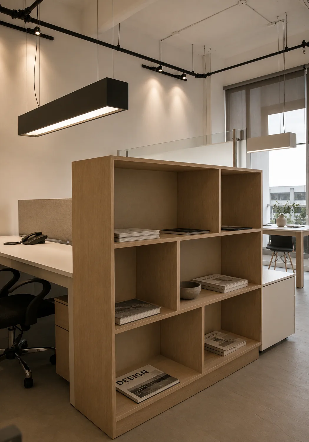 Mueble bajo en madera que divide los puestos de trabajo de BOG12 sin cerrar el espacio ni bloquear la luz — LINEA PRIMA.