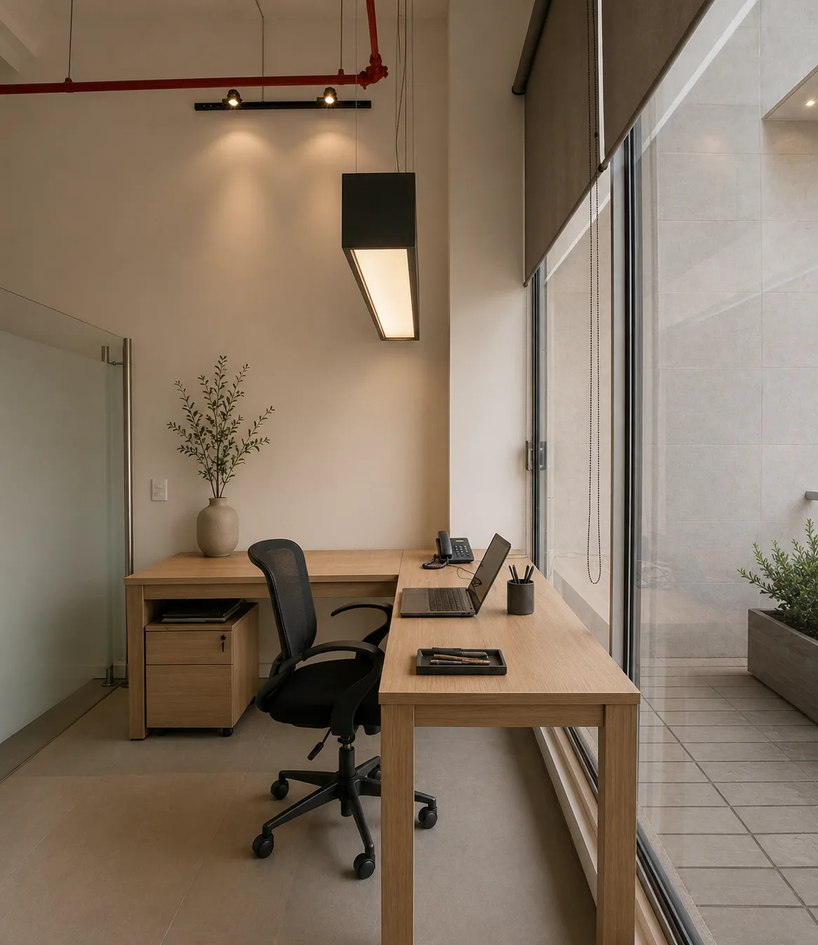 Puesto de trabajo contra la fachada de BOG12, con mesa alta hacia la ventana e instalaciones a la vista — oficinas en la Calle 93, Bogotá.