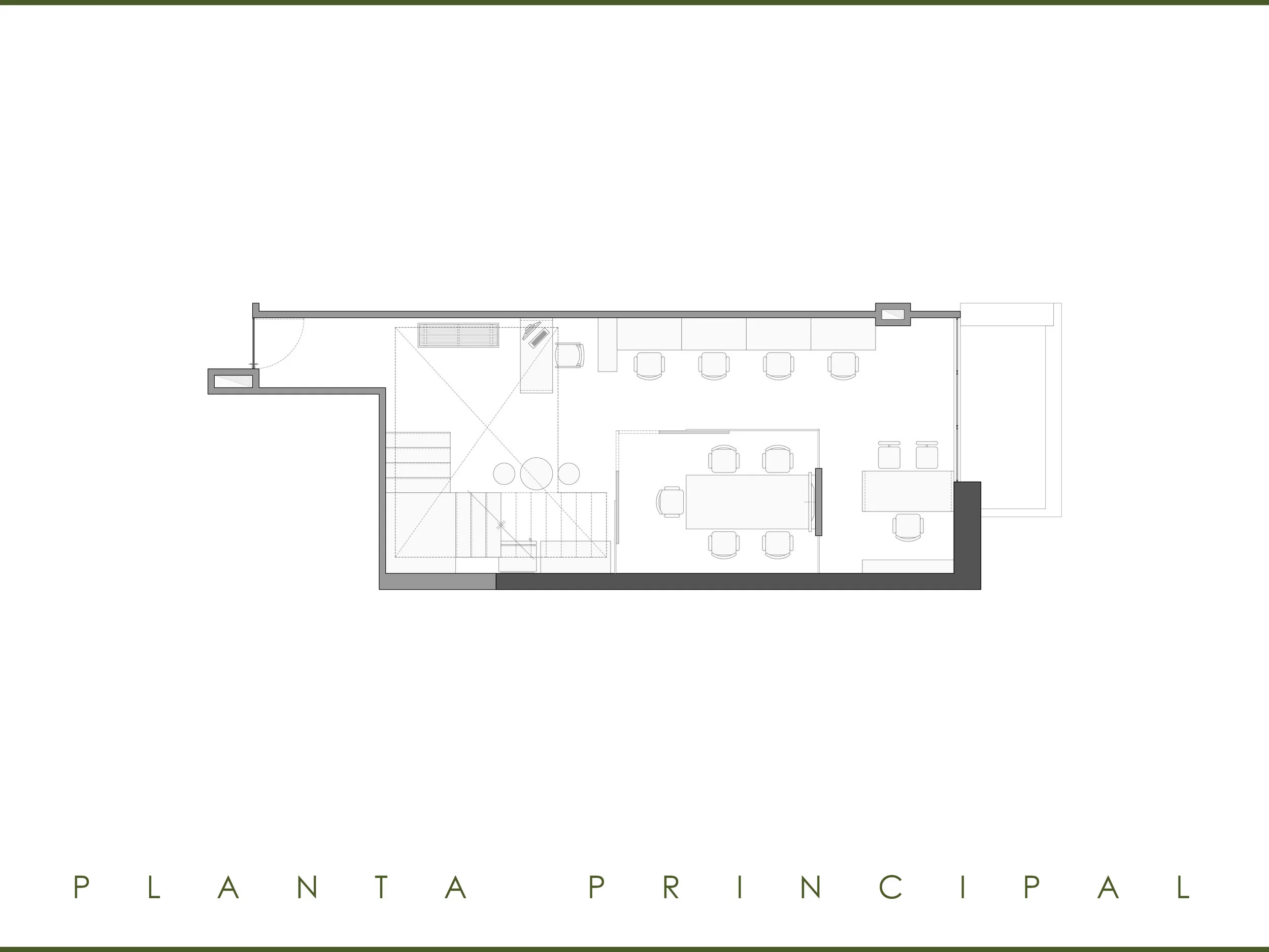 Planta principal de BOG12: recepción, sala de juntas en vidrio, barra de agentes móviles y puestos fijos — oficinas en Bogotá por LINEA PRIMA.