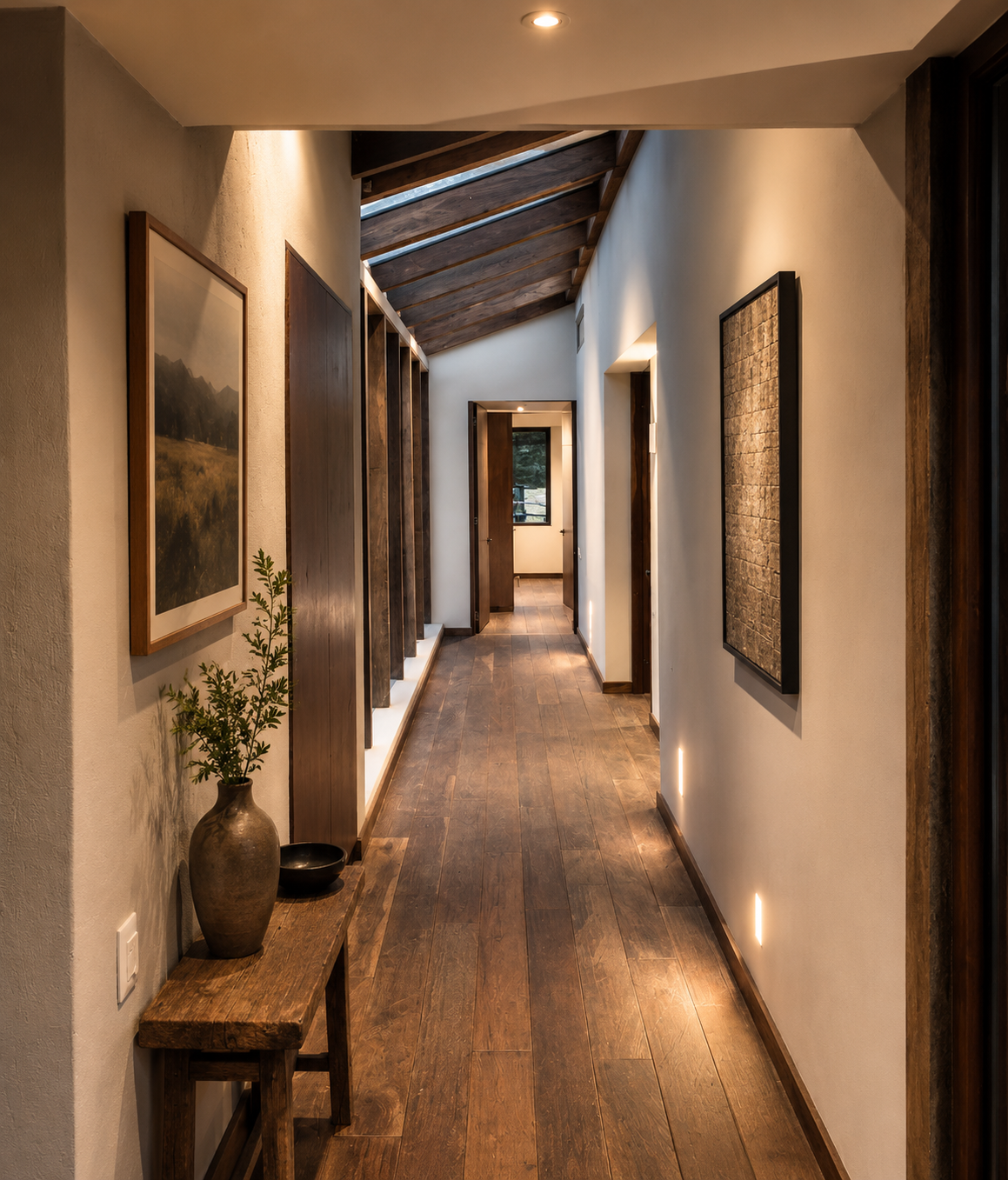 Detalle de GAT 01, vivienda unifamiliar en Cundinamarca, CO: madera de pino estructural y ladrillo pintado. LINEA PRIMA, arquitectos en Bogotá.
