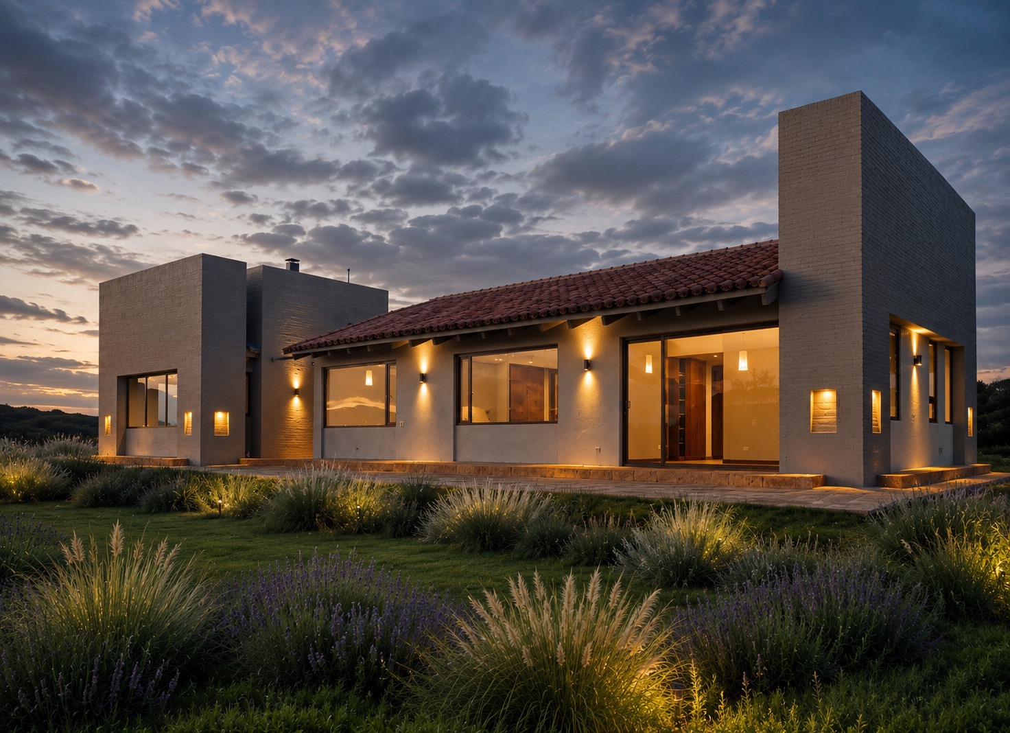Vista de vivienda unifamiliar GAT 01 en Cundinamarca, CO, en ladrillo pintado y fibras naturales — proyecto de LINEA PRIMA, arquitectos en Bogotá.