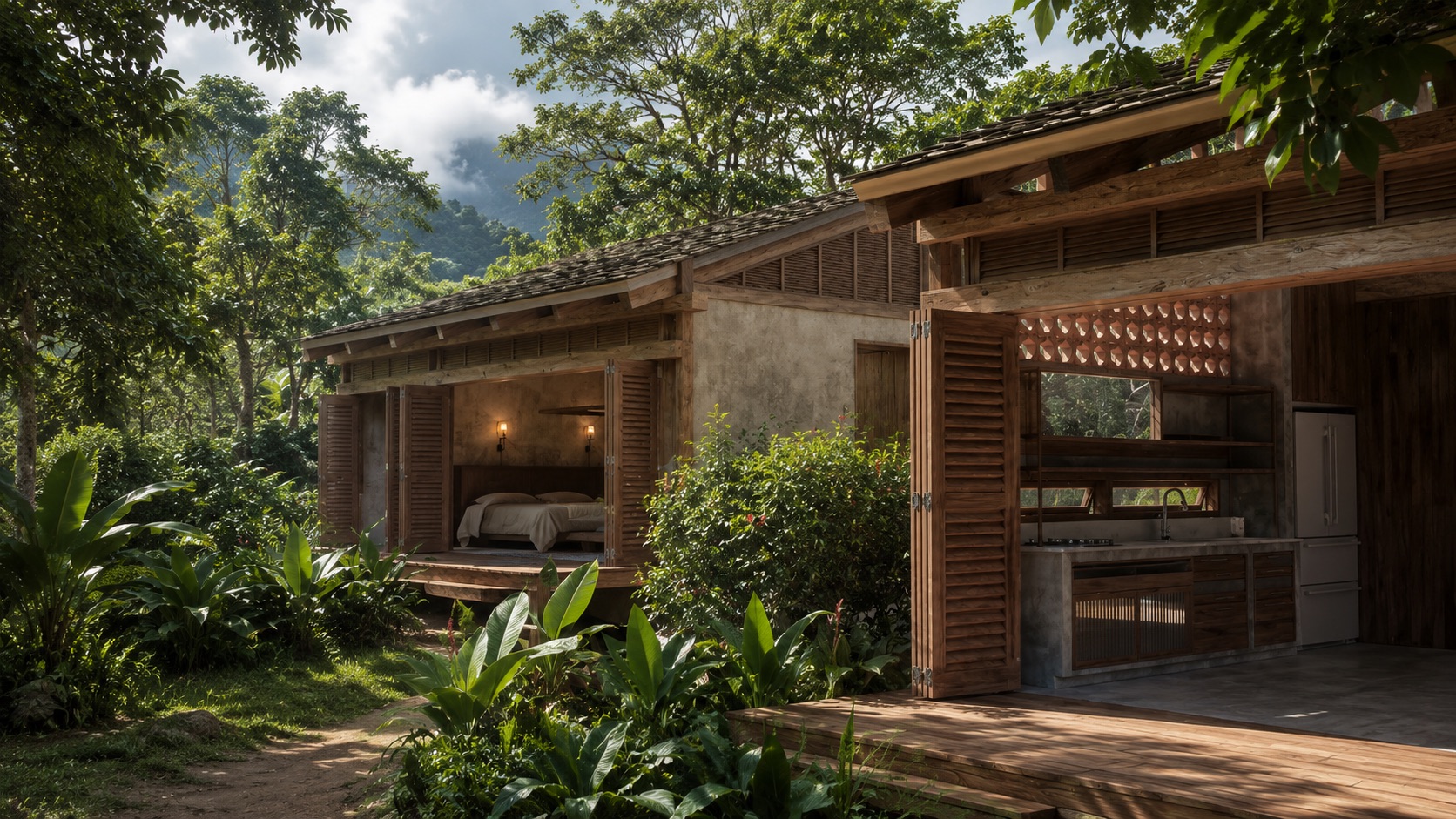 Pabellón de dormitorio con puertas plegables de madera abierto al jardín, junto al pabellón de cocina, con la Sierra Nevada al fondo — GUA 01, UMA Beach Villas en Palomino, La Guajira, LINEA PRIMA, arquitectos en Bogotá.