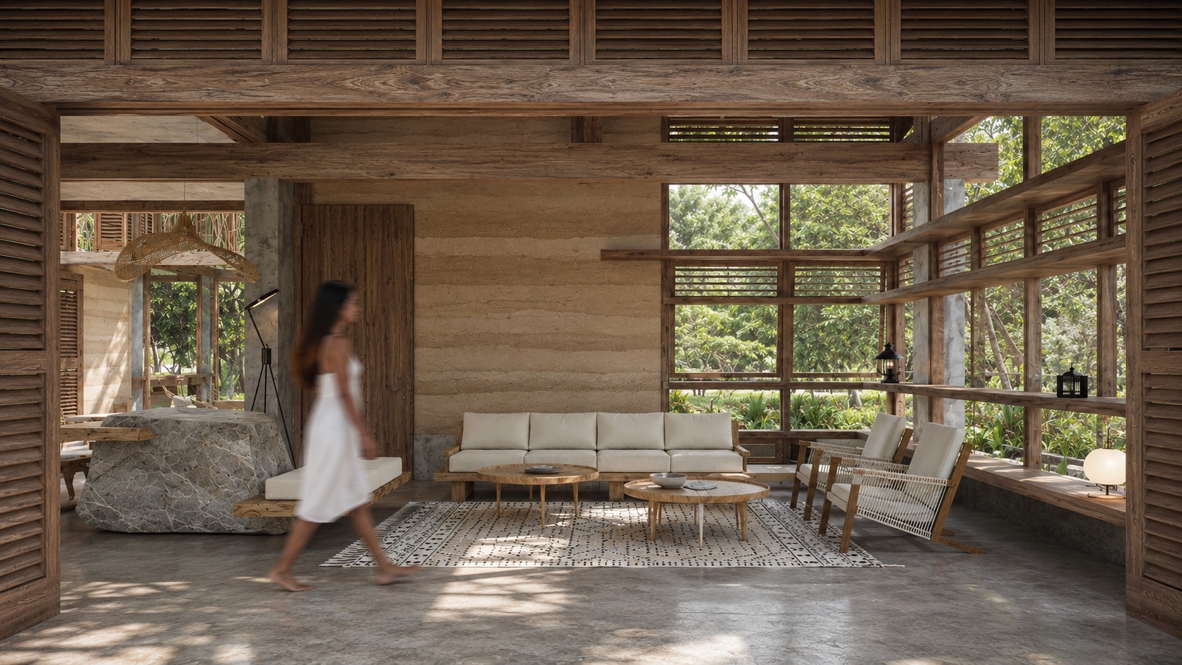 Sala de estar con muro de tapia pisada y estructura de madera abierta al jardín tropical — proyecto GUA 01 de LINEA PRIMA.