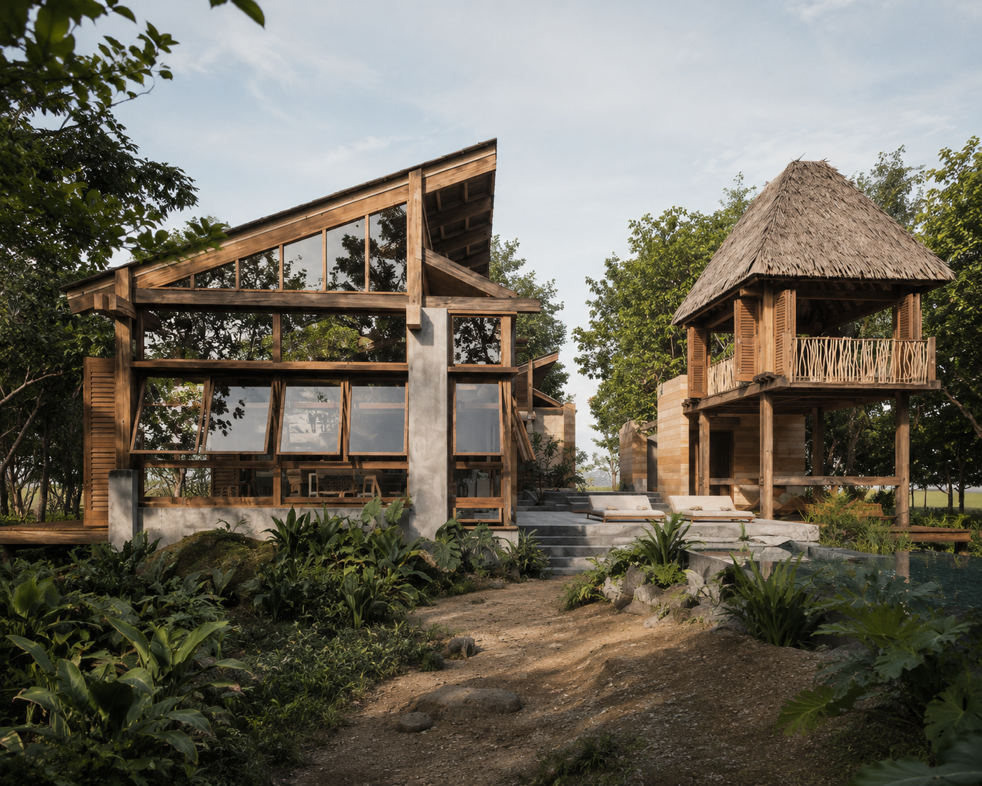 Pabellón de estructura de madera y vidrio junto a un mirador con cubierta de palma, entre vegetación tropical y una piscina — UMA Beach Villas, proyecto GUA 01 en Palomino, La Guajira, LINEA PRIMA, arquitectos en Bogotá.