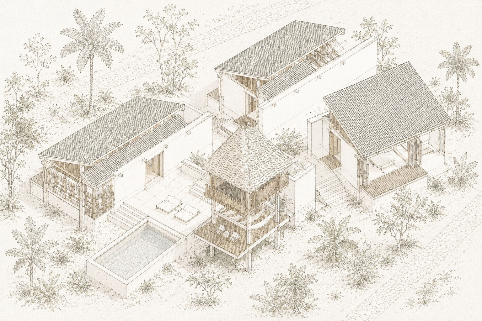 Axonometría a línea del conjunto de UMA Beach Villas: los pabellones, el mirador de palma, la piscina y las terrazas entre la vegetación — GUA 01 en Palomino, La Guajira, LINEA PRIMA, arquitectos en Bogotá.