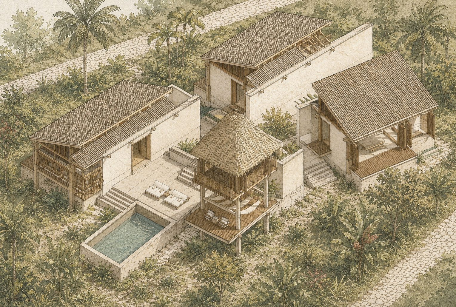 Axonometría en color del conjunto de UMA Beach Villas entre el bosque tropical: pabellones con cubierta de teja, mirador de palma y piscina — GUA 01 en Palomino, La Guajira, LINEA PRIMA, arquitectos en Bogotá.