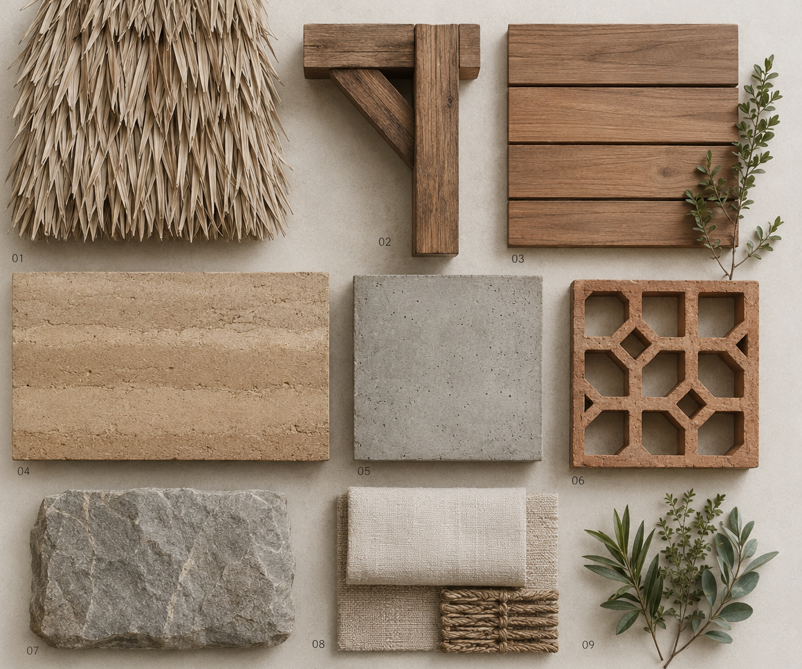 Paleta de materiales de UMA Beach Villas: palma, madera estructural, teca, tapia pisada, concreto, celosía de barro, piedra, fibras naturales y vegetación nativa — GUA 01 en Palomino, La Guajira, LINEA PRIMA, arquitectos en Bogotá.