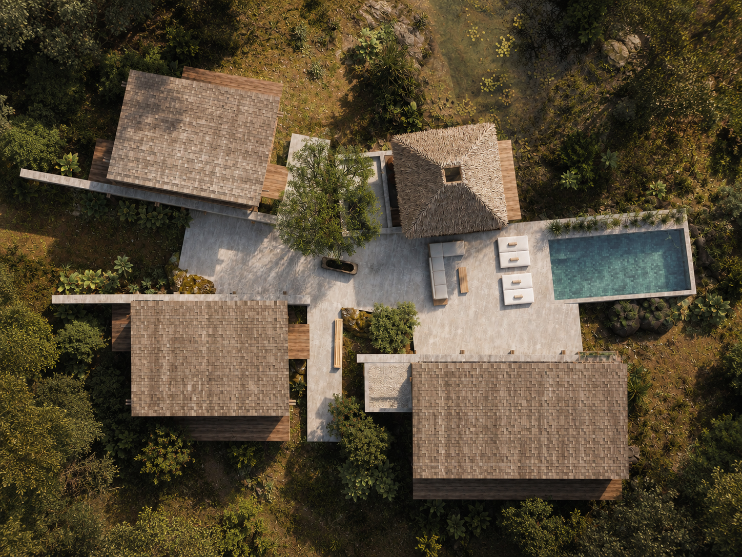 Planta de cubiertas y vista aérea de UMA Beach Villas: los volúmenes, la terraza central y la piscina rodeados de selva — GUA 01 en Palomino, La Guajira, LINEA PRIMA, arquitectos en Bogotá.