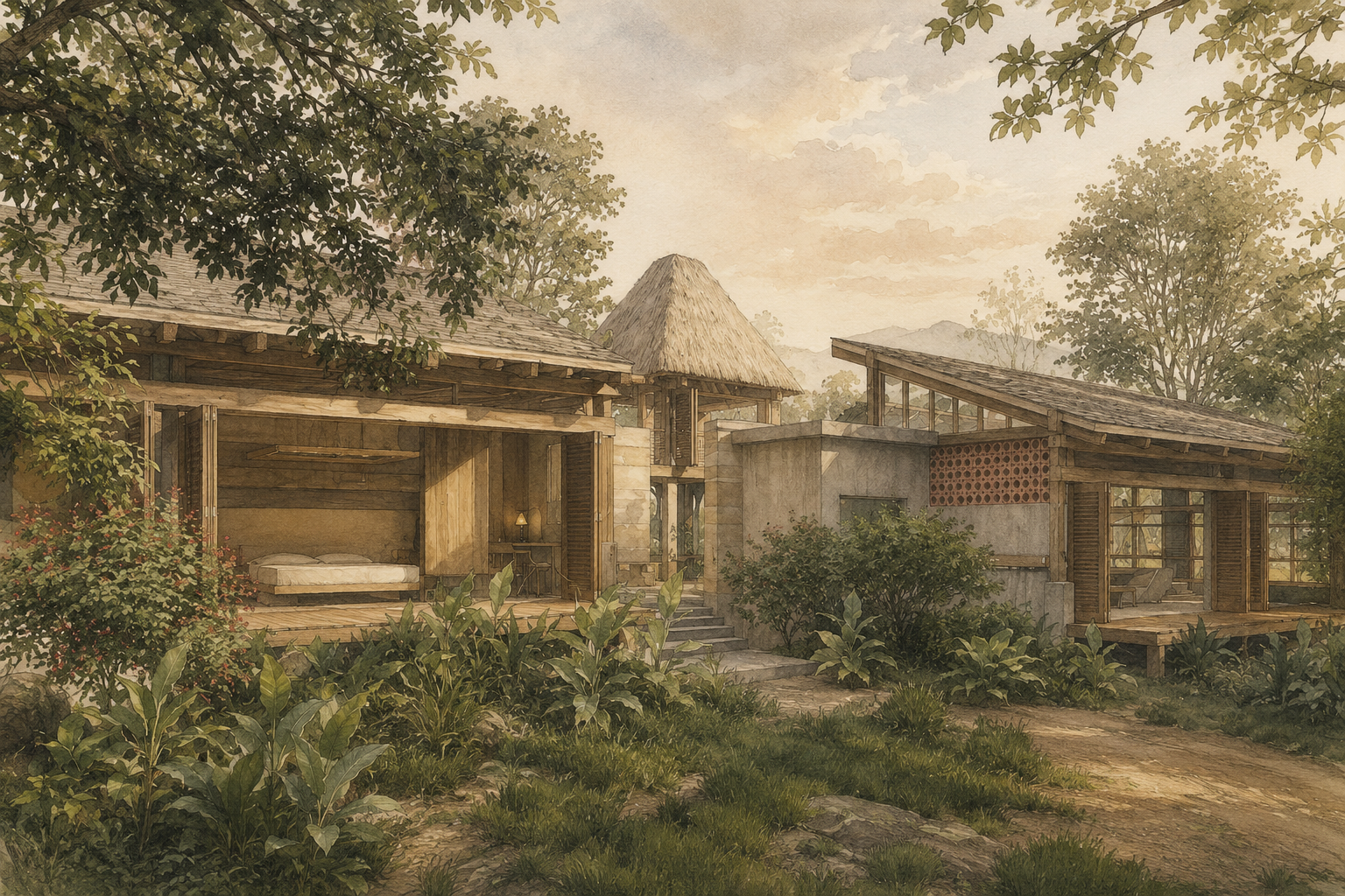 Ilustración de los pabellones y el mirador de palma de UMA Beach Villas entre el bosque tropical de Palomino, La Guajira — GUA 01, LINEA PRIMA, arquitectos en Bogotá.