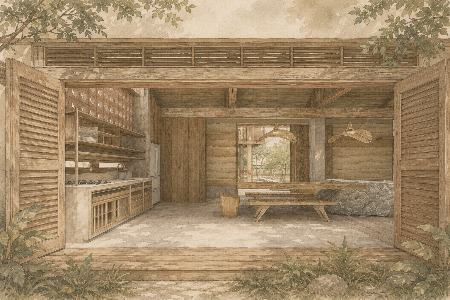 Ilustración de la cocina y el comedor abiertos al jardín, con estructura de madera y muro de tapia — GUA 01, UMA Beach Villas en Palomino, LINEA PRIMA.