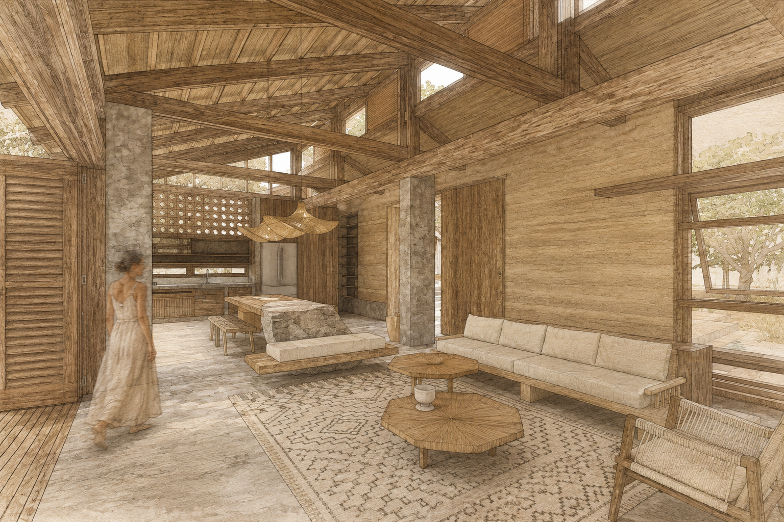 Ilustración de la sala de estar bajo la cubierta de madera, junto al muro de tapia pisada — GUA 01, UMA Beach Villas en Palomino, La Guajira, LINEA PRIMA.