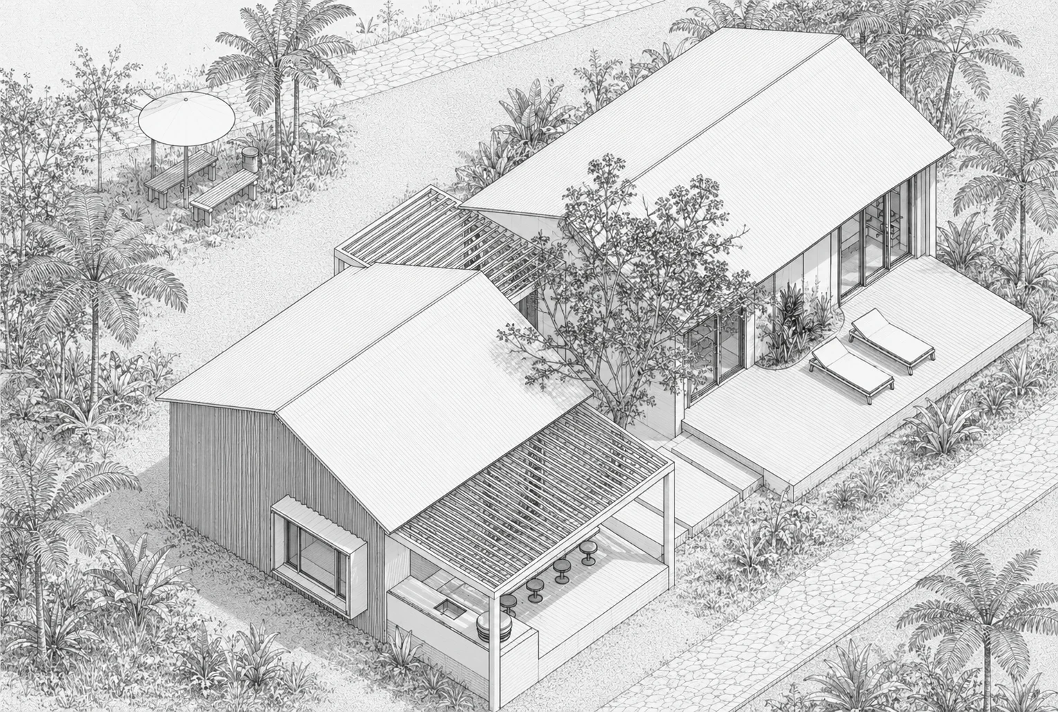 Axonometría de ORO 01, vivienda unifamiliar en Orocovis, Puerto Rico: los dos volúmenes a dos aguas, la pérgola de listones sobre la terraza social y los asoleadores, entre vegetación tropical — LINEA PRIMA, arquitectos en Bogotá.