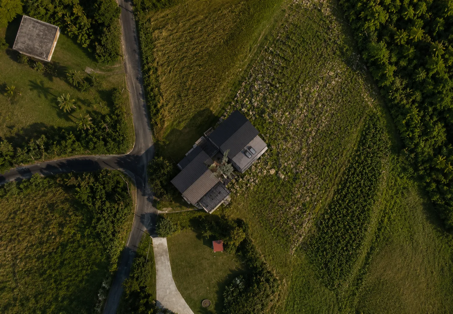 Vista aérea de la cubierta de ORO 01, vivienda unifamiliar en Orocovis, Puerto Rico: los volúmenes de la casa a dos aguas implantados entre cultivos y bosque, junto al cruce de caminos rurales — LINEA PRIMA, arquitectos en Bogotá.