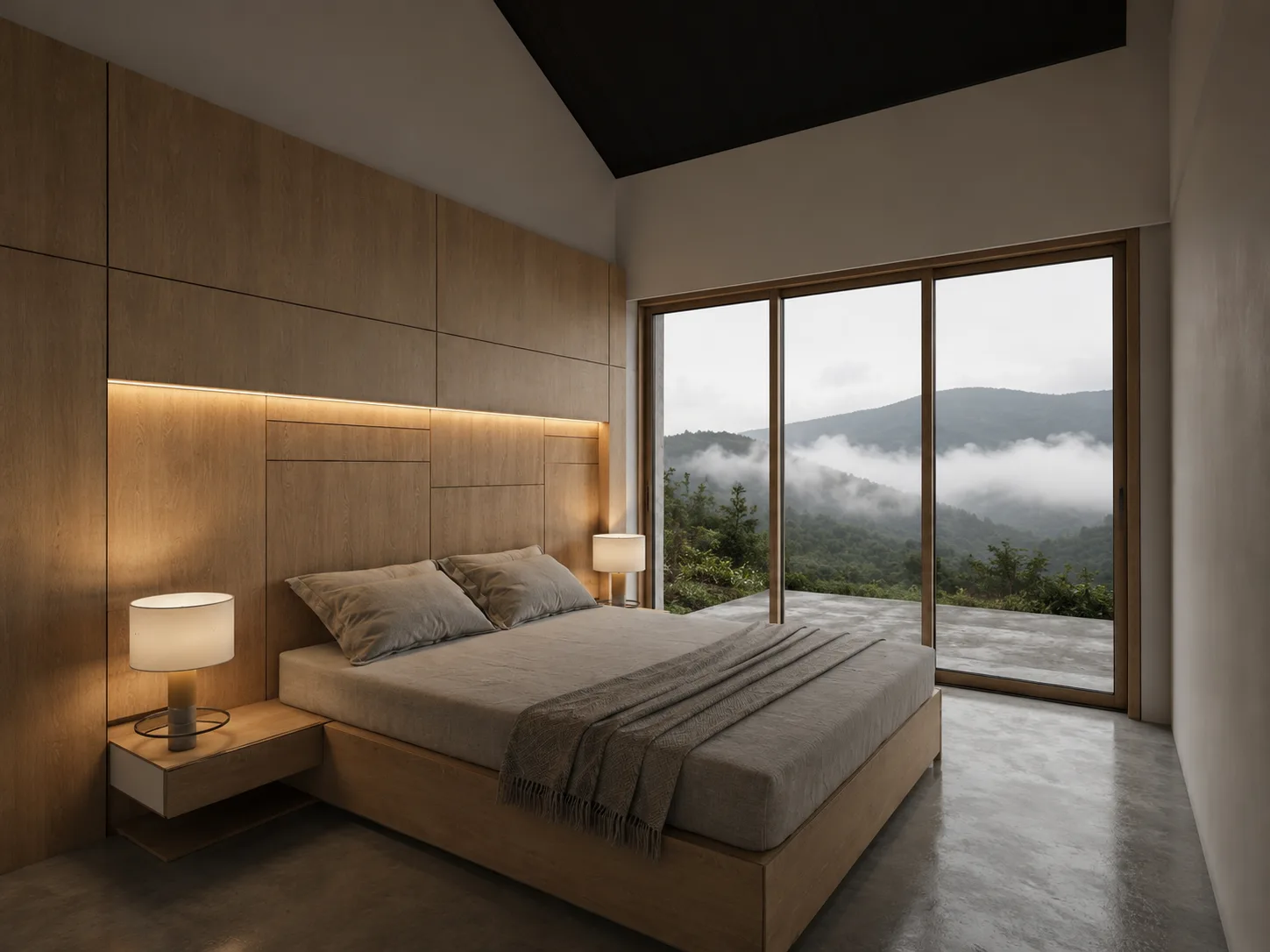 Dormitorio principal de ORO 01, vivienda unifamiliar en Orocovis, Puerto Rico: cabecero de madera con luz cálida oculta, mesas de noche flotantes, cama baja y ventanal corredero hacia la terraza en concreto con vista a las montañas en niebla — LINEA PRIMA, arquitectos en Bogotá.