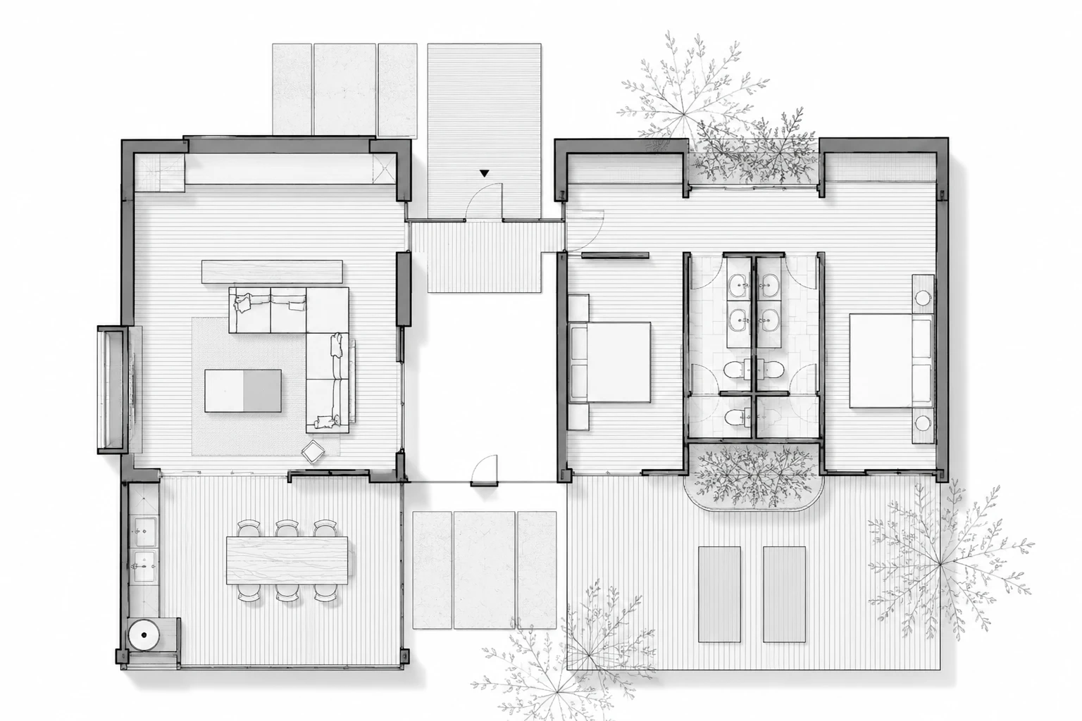 Planta arquitectónica de ORO 01, vivienda unifamiliar en Orocovis, Puerto Rico: dos volúmenes unidos por un zaguán abierto; a un lado sala, comedor y cocina, al otro dos alcobas con baño central y terrazas de madera entre árboles — LINEA PRIMA, arquitectos en Bogotá.