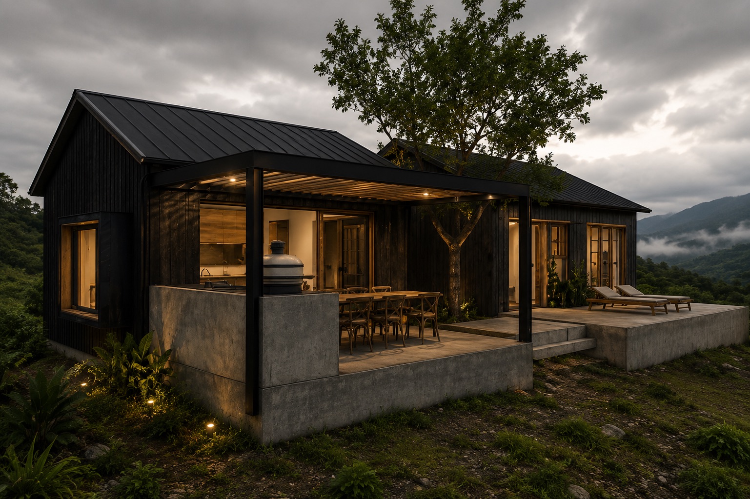 Imagen del proyecto ORO 01, vivienda unifamiliar en Orocovis, Puerto Rico, con estructura metálica, madera teñida y concreto afinado — arquitectura de LINEA PRIMA, arquitectos en Bogotá.