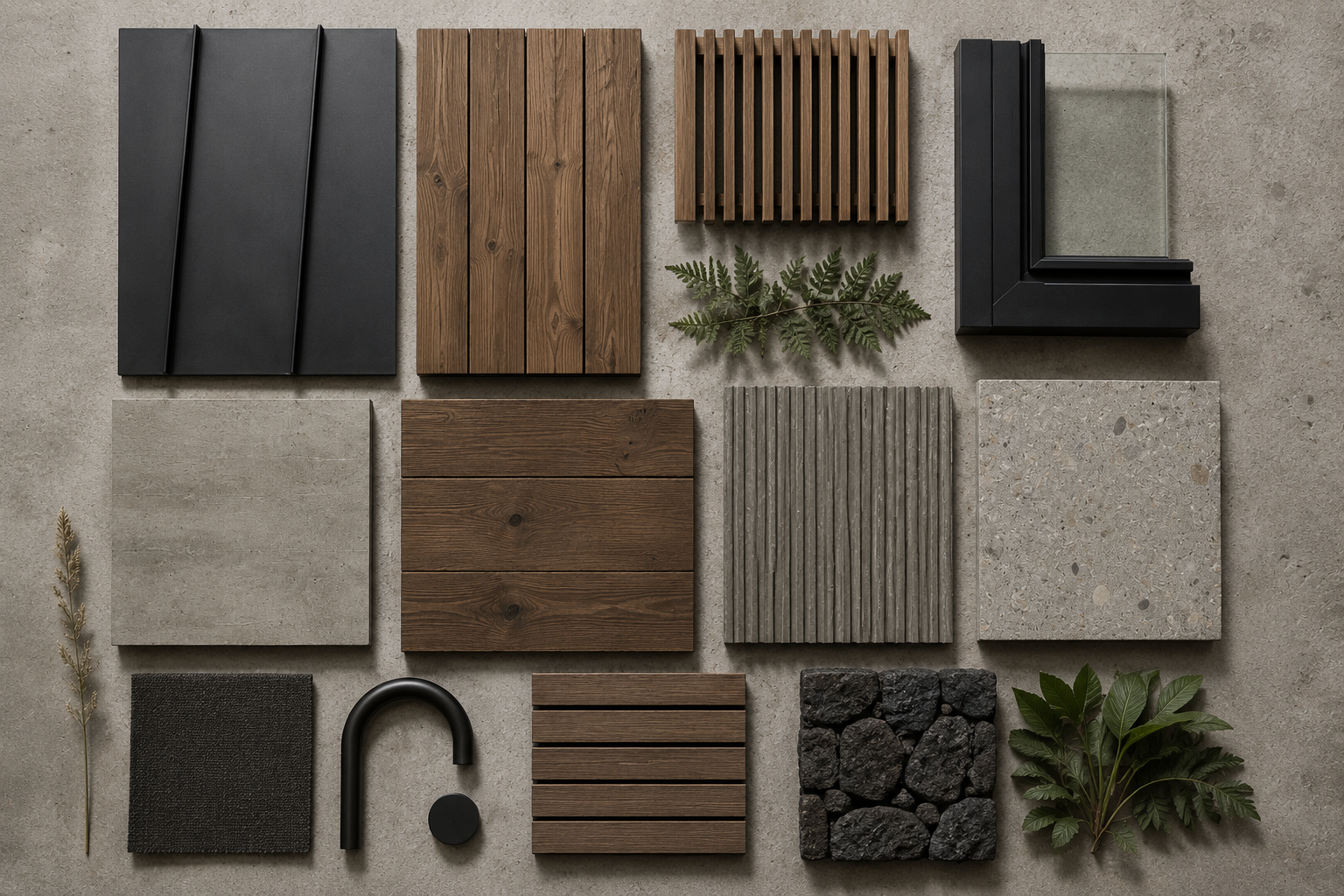 Tablero de materialidad de ORO 01, vivienda unifamiliar en Orocovis, Puerto Rico: cubierta metálica standing seam, madera teñida, concreto afinado y aluminio negro con vidrio laminado — LINEA PRIMA, arquitectos en Bogotá.
