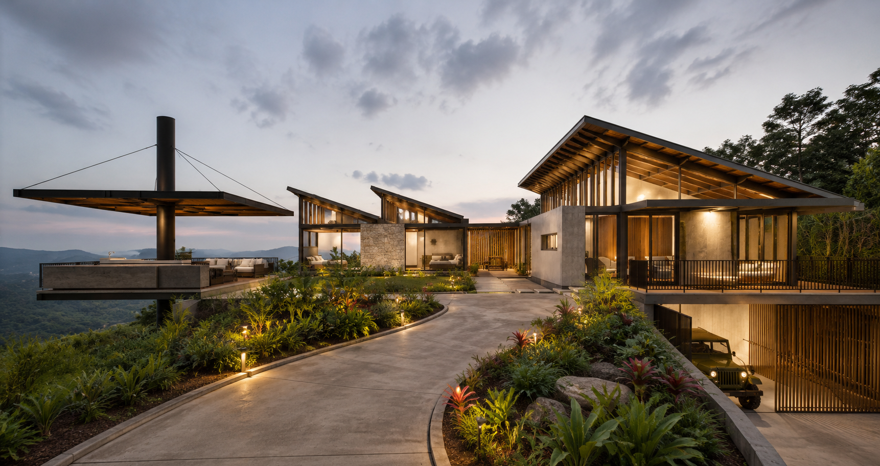 Conjunto de vivienda en ladera con cubiertas inclinadas de madera, jardines iluminados, una vía curva y un pabellón en voladizo sobre el valle al atardecer — proyecto ORO 02, arquitectura residencial de LINEA PRIMA, arquitectos en Bogotá.