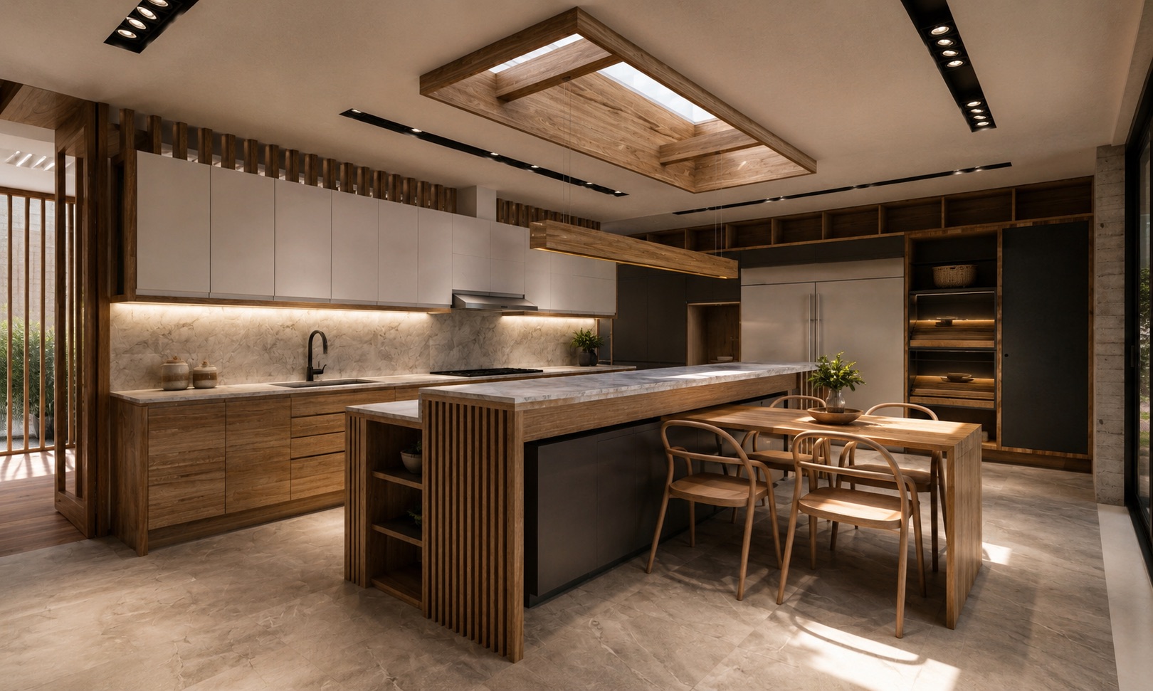 Cocina en madera y mármol bajo lucernario — SIN 01, vivienda unifamiliar en Cundinamarca, CO, LINEA PRIMA, arquitectos en Bogotá.