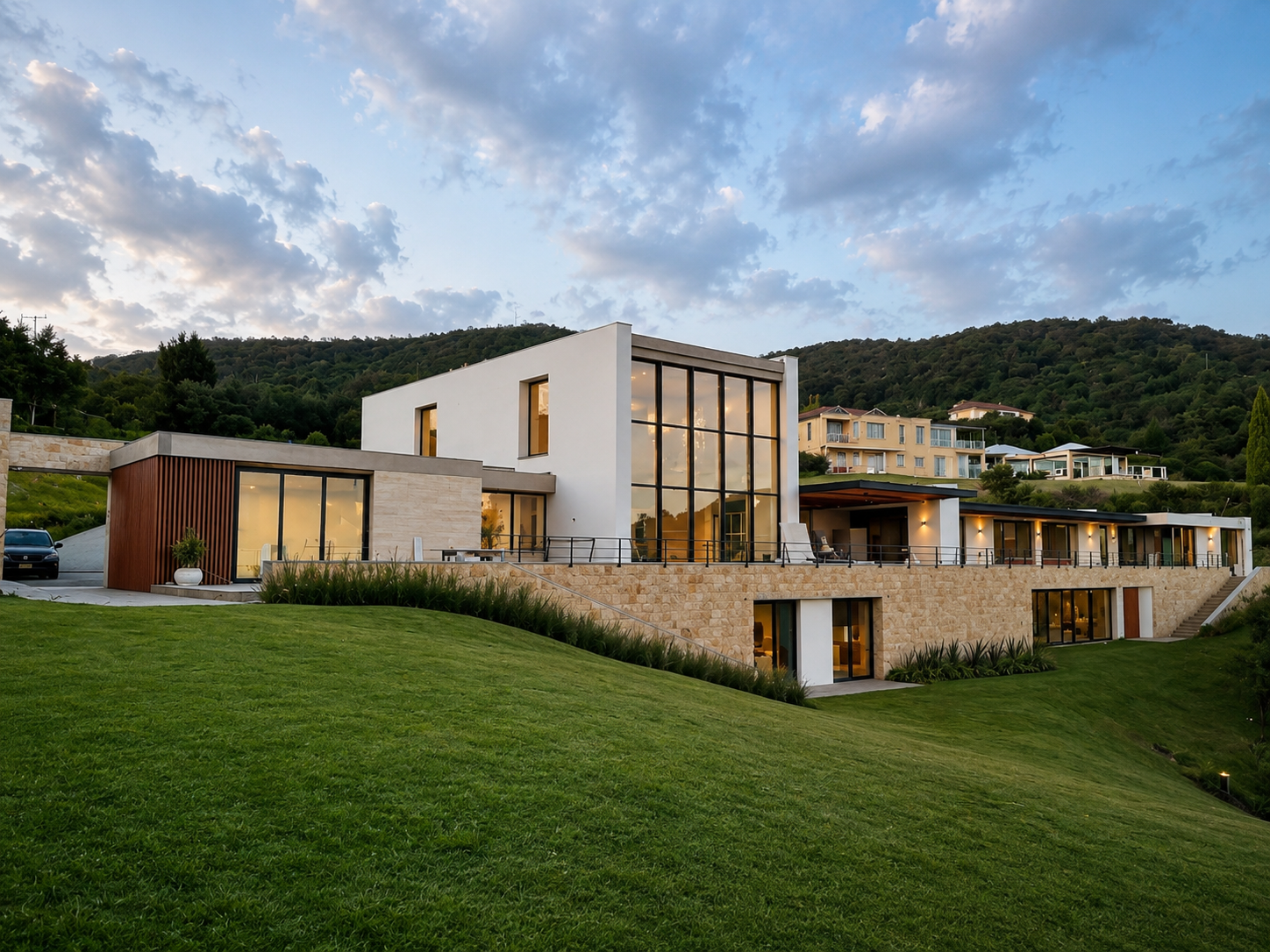 Detalle de SIN 01, vivienda unifamiliar en Cundinamarca, CO: piedra local y madera de roble. LINEA PRIMA, arquitectos en Bogotá.