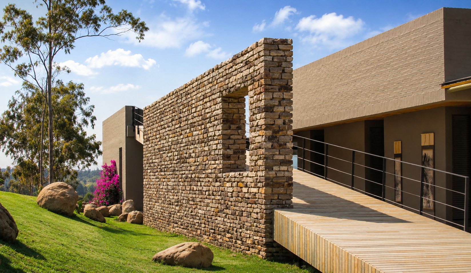 Vista de casa de campo VIL 01 en Boyacá, CO, en teja de barro y ladrillo recocido — proyecto de LINEA PRIMA, arquitectos en Bogotá.