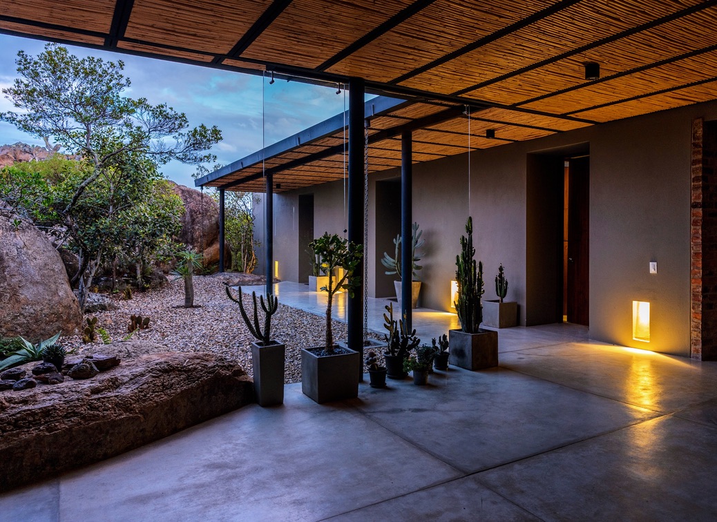 Patio cubierto con cielo raso de guadua y estructura metálica, jardín de cactus y gravilla y piso de concreto pulido, en una vivienda unifamiliar — proyecto VIL 02, arquitectura residencial de LINEA PRIMA, arquitectos en Bogotá.