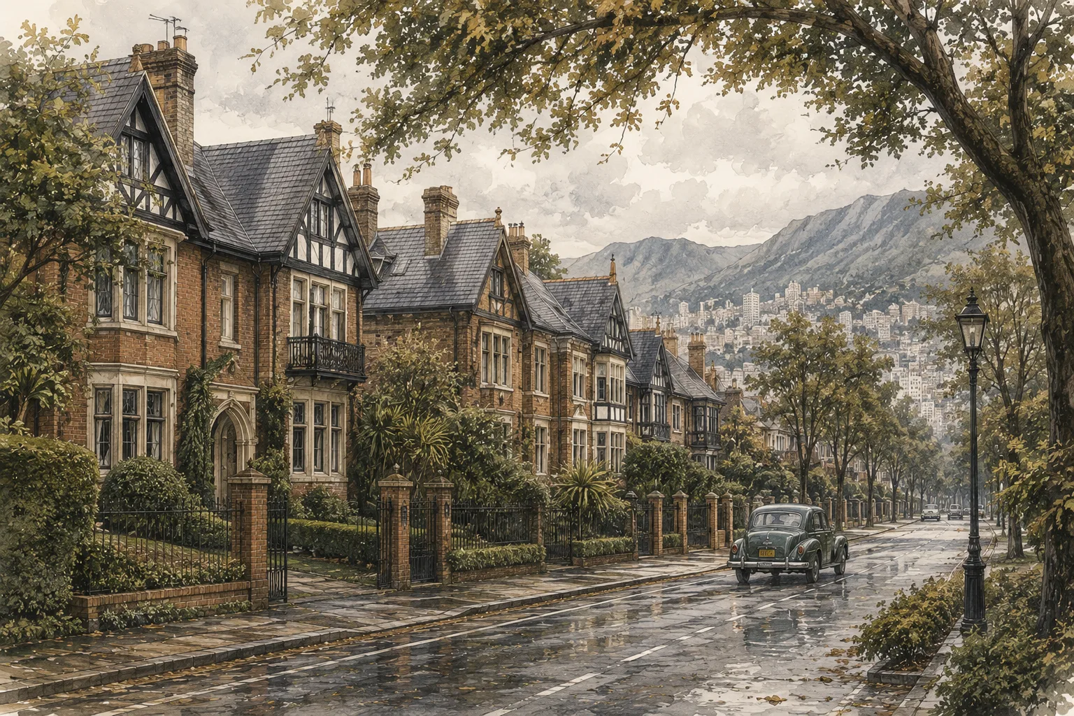 Ilustración de una calle residencial bogotana de influencia inglesa con casas de ladrillo, árboles y cerros al fondo