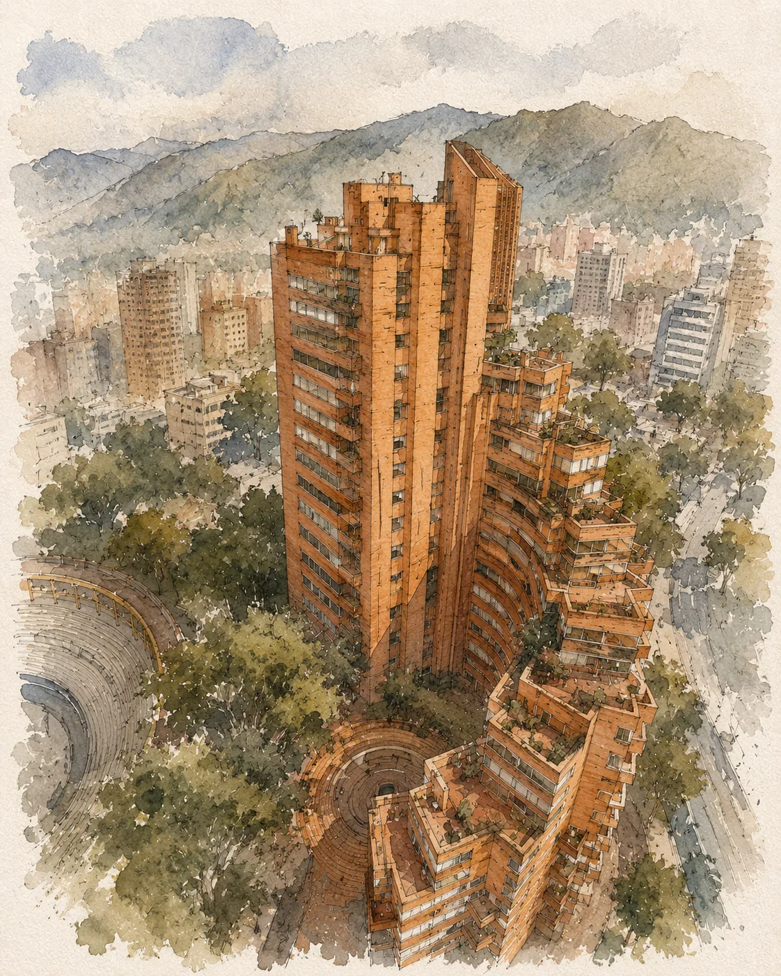 Ilustración de las Torres del Parque de Rogelio Salmona con ladrillo, vegetación y cerros Orientales