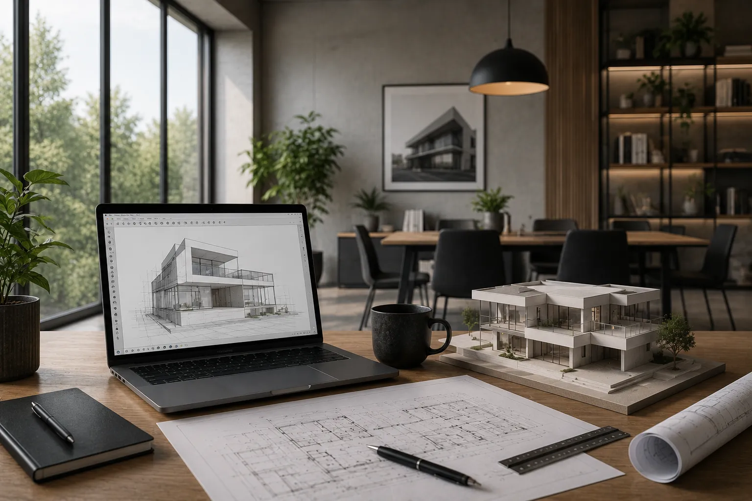 Mesa de trabajo con SketchUp, maqueta arquitectónica, planos y ambiente de coordinación BIM