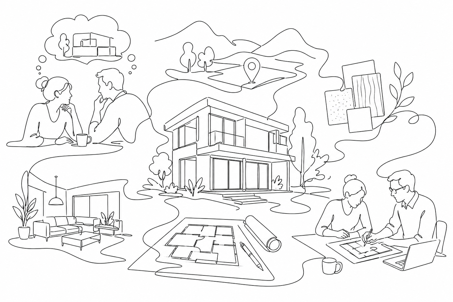 Mesa de diseño con planos, bocetos y materiales para empezar a diseñar una casa