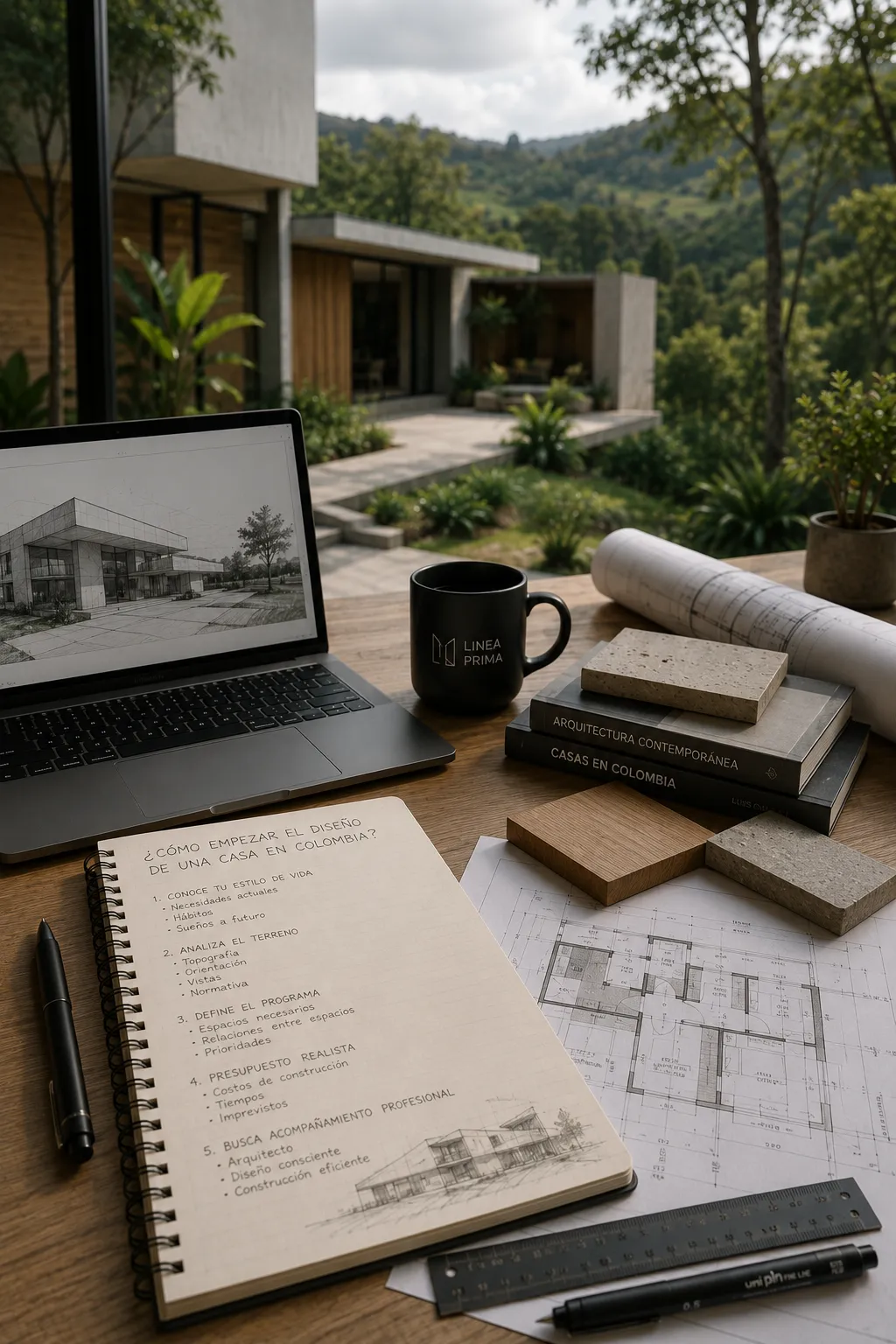 Mesa de diseño con planos, materiales y vista a una casa campestre en Colombia