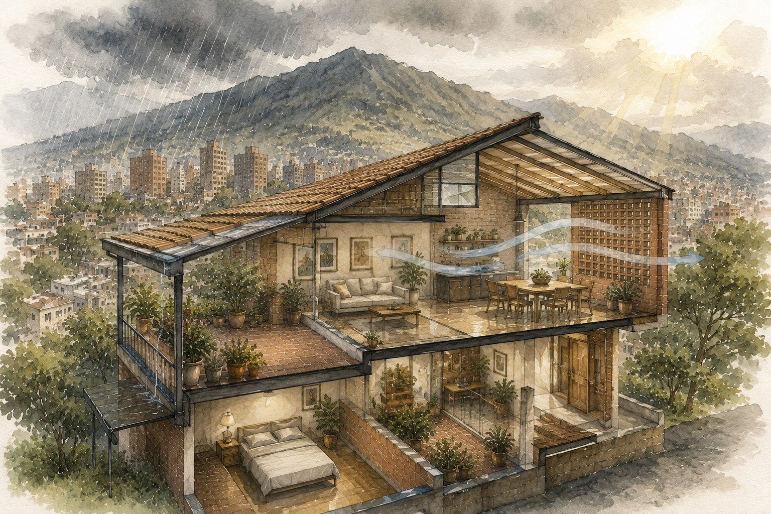 Interior de vivienda en Bogotá con amplias ventanas, luz natural y carpintería de madera