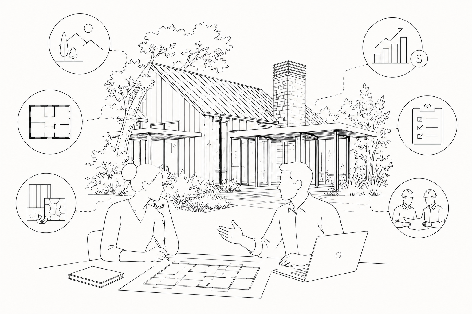 Boceto arquitectónico con trazos de implantación y paisaje