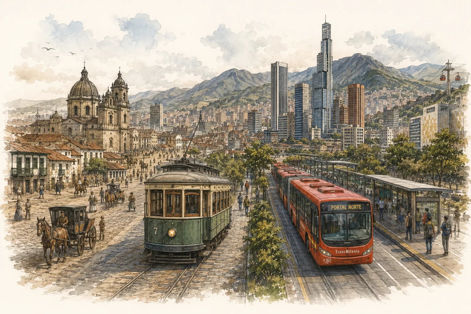 Ilustración editorial sobre la historia de la arquitectura bogotana con ciudad, ladrillo y cerros Orientales