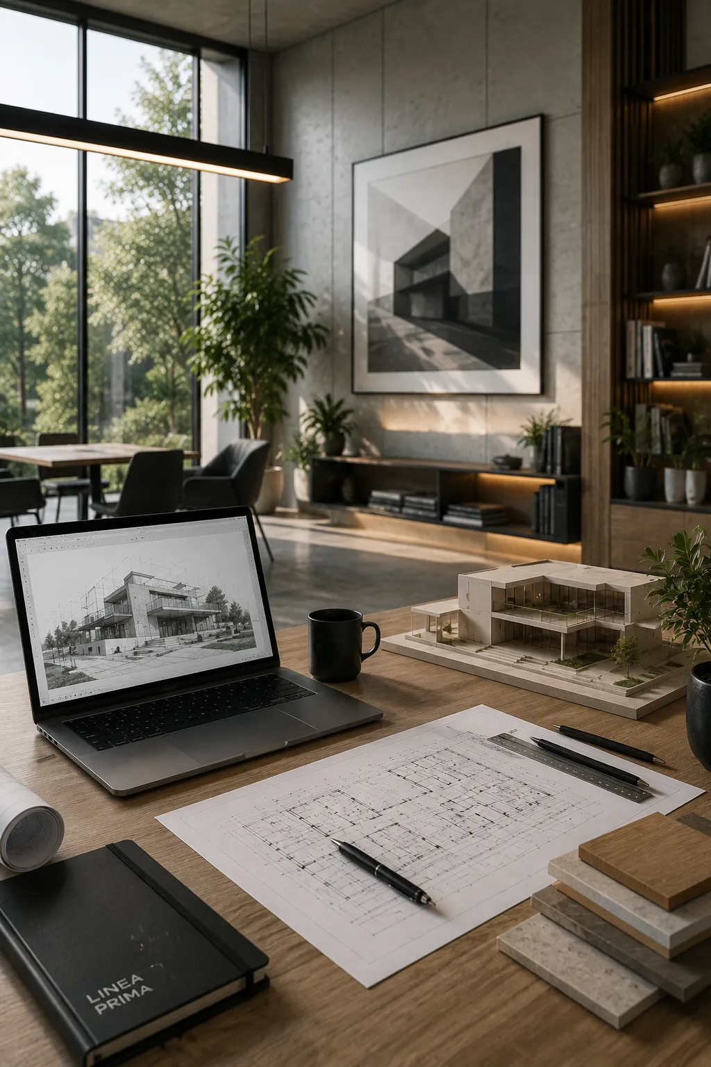 Estudio de arquitectura con laptop, maqueta, planos y materiales para diseño asistido por IA