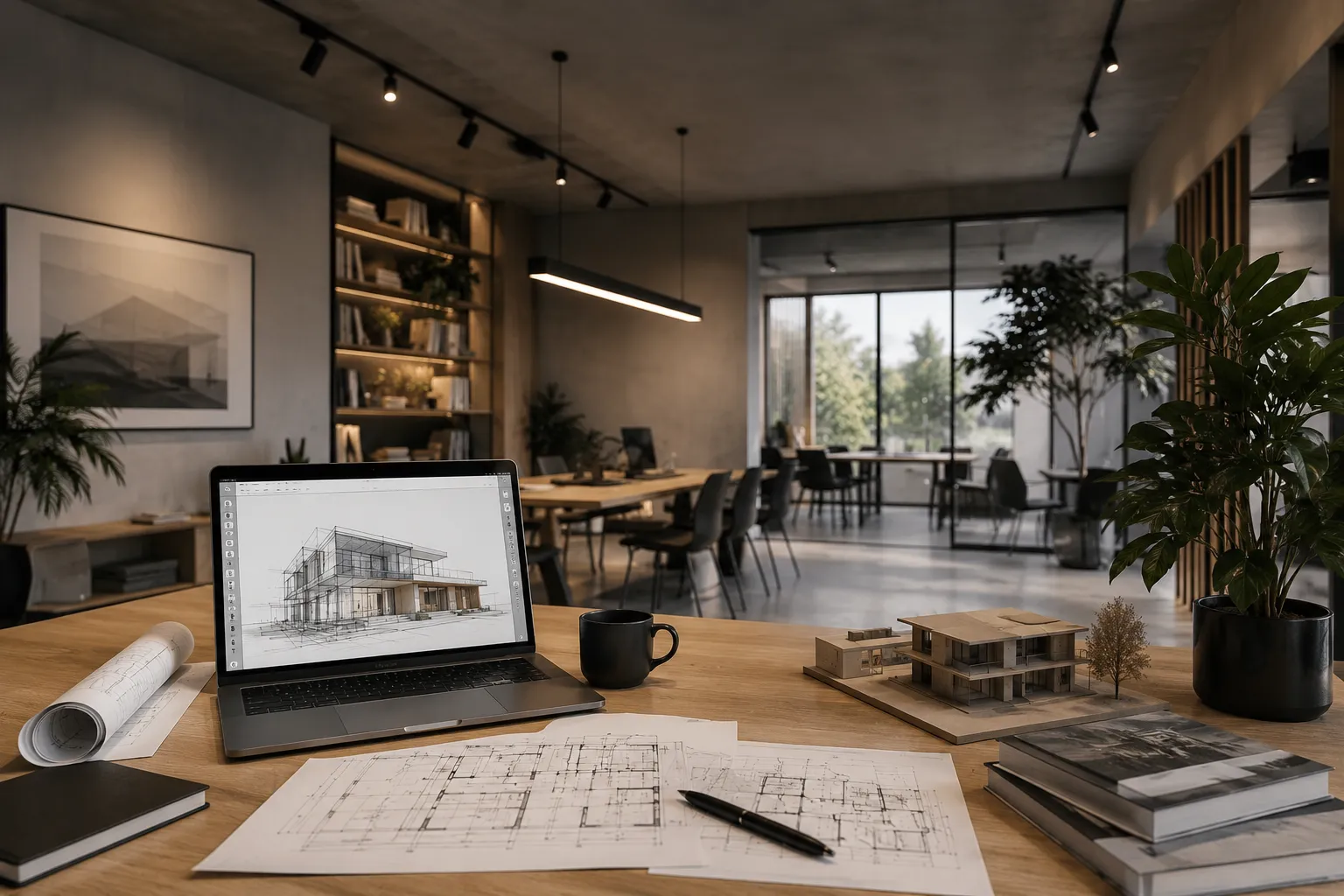 Estudio de arquitectura con portátil mostrando un modelo de SketchUp, planos y maqueta física