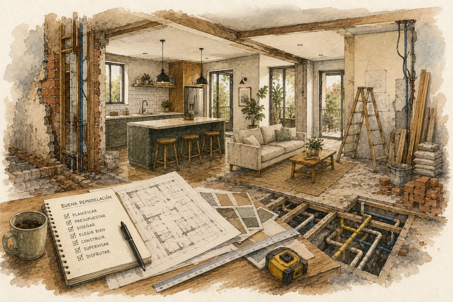 Vivienda en proceso de remodelación con estructura existente, luz natural y materiales de obra organizados