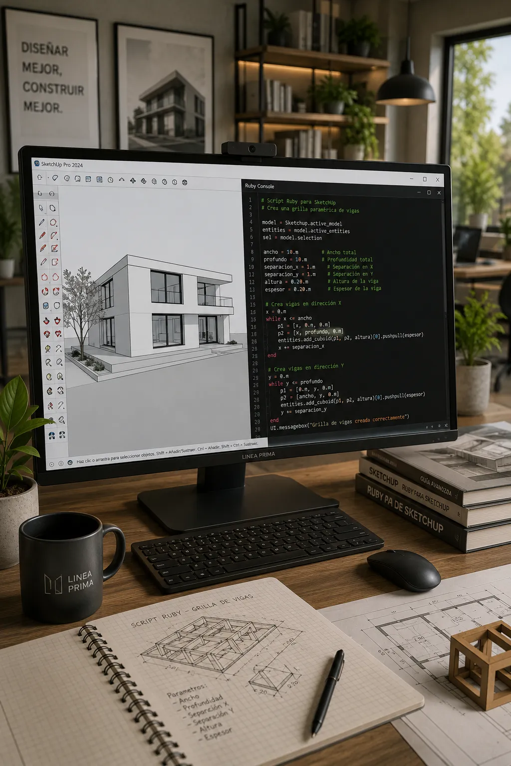 Pantalla con SketchUp y consola Ruby para automatización de modelos arquitectónicos